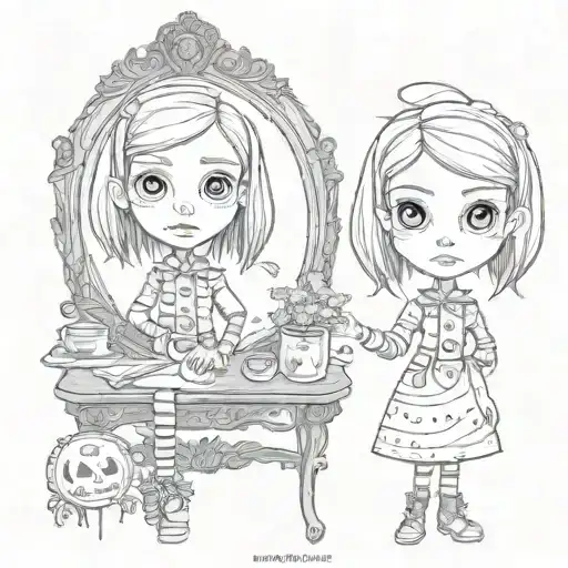 Coraline from the cartoon Coraline in the land of nightmares, in a vintage frame, tattoo sketch, black and white, excellent quality tattoo design idea