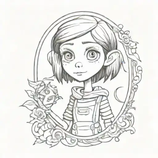 Coraline from the cartoon Coraline in the land of nightmares, in a vintage frame, tattoo sketch, black and white, excellent quality tattoo design idea