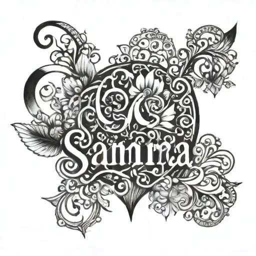the name "Samira" with a heart around it. make it masculine.  tattoo design idea