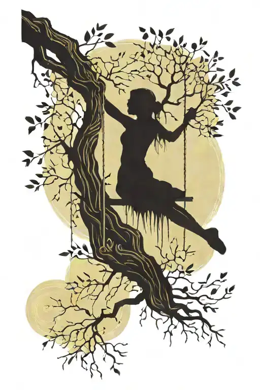willow tree. silhouette girl on swing. aurora  tattoo design idea