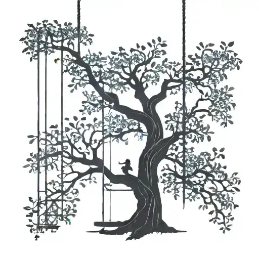 willow tree. silhouette girl on swing. aurora  tattoo design idea