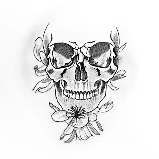left facing realistic skull wearing a straw cowboy hat with cornflowers, edelweiss, tulips and magnolias behind in the b tattoo design idea