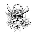 left facing realistic skull wearing a straw cowboy hat with cornflowers, edelweiss, tulips and magnolias behind in the b tattoo design idea