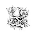 left facing realistic skull wearing a straw cowboy hat with cornflowers, edelweiss, tulips and magnolias behind in the b tattoo design idea