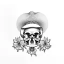 left facing realistic skull wearing a straw cowboy hat with cornflowers, edelweiss, tulips and magnolias behind in the b tattoo design idea