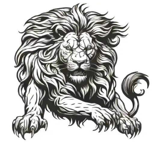lion sitting down staring directly very angry  ready to attack  tattoo design idea