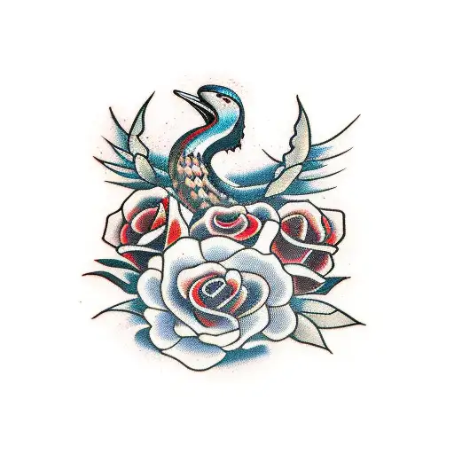 oldschool swallow with 2 little Oldschool red roses around it tattoo design idea