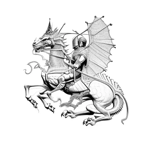 Saint George on top of his horse striking dragon front view tattoo design idea