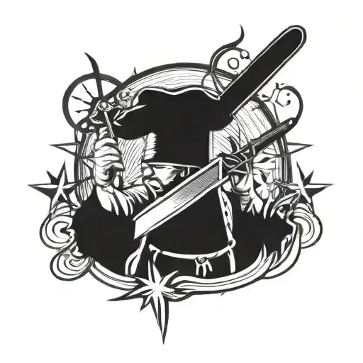 chef  with kitchen knife cleaver knife whisk and 3 stars and a sun tattoo design idea
