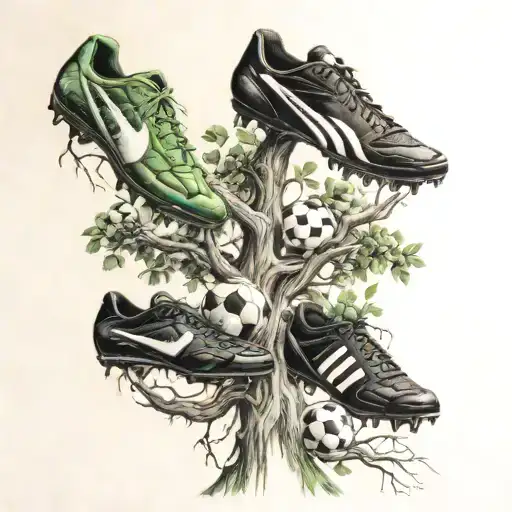 A family tree intertwined with soccer cleats and balls, showcasing the importance of both family and the sport in the client's life tattoo design idea