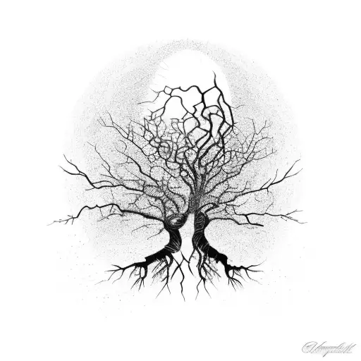 An intricate tree silhouette with roots forming the shape of a heartbeat tattoo design idea