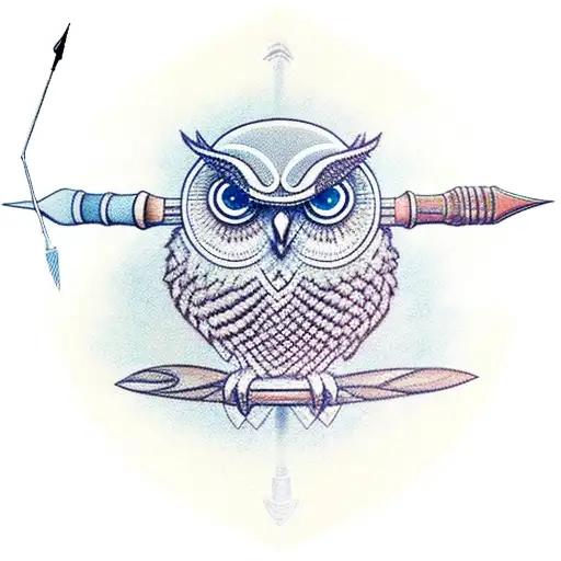 Athena’s owl. At its feet, a bow and a quiver of fallen arrows. Behind it, a trident stands, so its 3 prongs are visible tattoo design idea