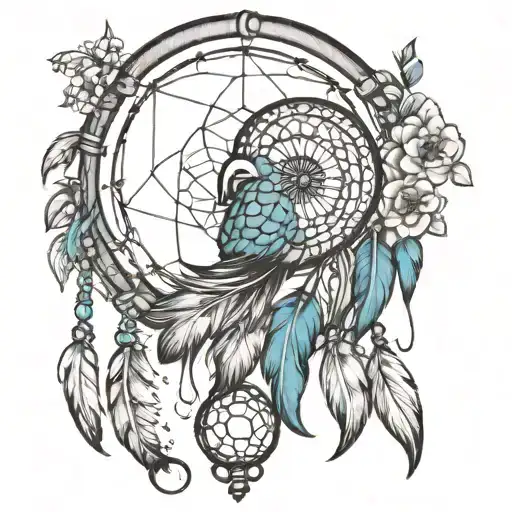 A dream catcher with a football in the center. The feathers hanging should be of a peacock. tattoo design idea