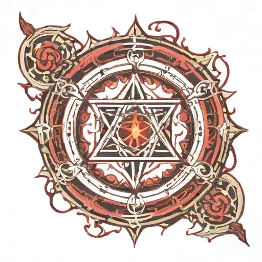 Red transmutation circle from anime Fullmetal Alchemist and the root of the life tree wraps circle tattoo design idea