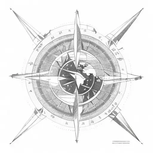 sun moon and aeroplane circling a map of the world, all on a compass tattoo design idea