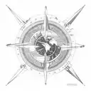 sun moon and aeroplane circling a map of the world, all on a compass tattoo design idea