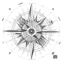sun moon and aeroplane circling a map of the world, all on a compass tattoo design idea