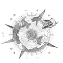 sun moon and aeroplane circling a map of the world, all on a compass tattoo design idea