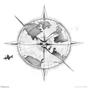 sun moon and aeroplane circling a map of the world, all on a compass tattoo design idea