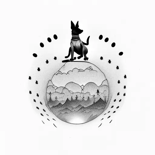 A silhouette of a dog performing a trick with a sunset in the background, combining your love for dogs training and sunsets tattoo design idea