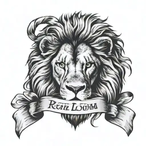 front face of a black and white angry lion and under his head a ribbon that has letters tattoo design idea