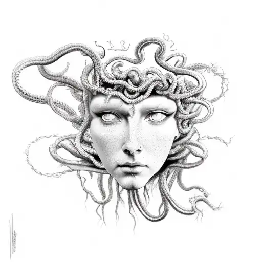 medusa looking into a mirror but the Medusa outside of the mirror is whole abd the Medusa inside the mirror is broken  tattoo design idea