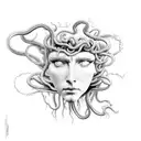 medusa looking into a mirror but the Medusa outside of the mirror is whole abd the Medusa inside the mirror is broken  tattoo design idea