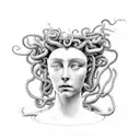 medusa looking into a mirror but the Medusa outside of the mirror is whole abd the Medusa inside the mirror is broken  tattoo design idea