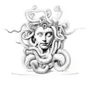 medusa looking into a mirror but the Medusa outside of the mirror is whole abd the Medusa inside the mirror is broken  tattoo design idea