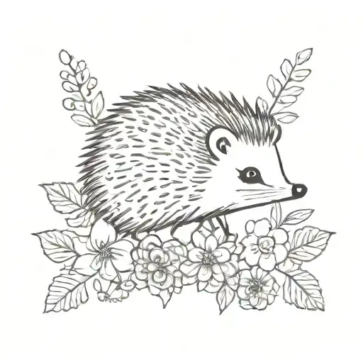 cute hedgehog surrounded by florals tattoo design idea