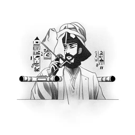 A person smoking a pipe filled with Egyptian hieroglyphics while surrounded by black-grey tattooed anime characters tattoo design idea