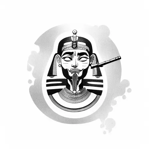 A person smoking a pipe filled with Egyptian hieroglyphics while surrounded by black-grey tattooed anime characters tattoo design idea