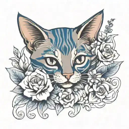 Abyssinian blue cat with flower  tattoo design idea