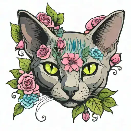 abyssinian gray blue cat flowers roses pink green eyes magenta tattoo design idea