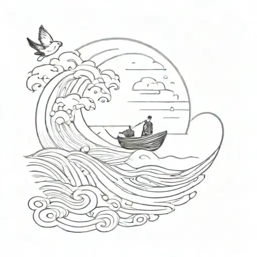 little rowboat and waves line tattoo design, minimal, birds and a little sun tattoo design idea