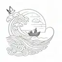 little rowboat and waves line tattoo design, minimal, birds and a little sun tattoo design idea