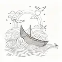 little rowboat and waves line tattoo design, minimal, birds and a little sun tattoo design idea