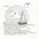 little rowboat and waves line tattoo design, minimal, birds and a little sun tattoo design idea