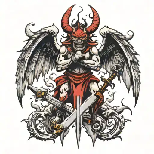 demons with sword tail and wings  tattoo design idea