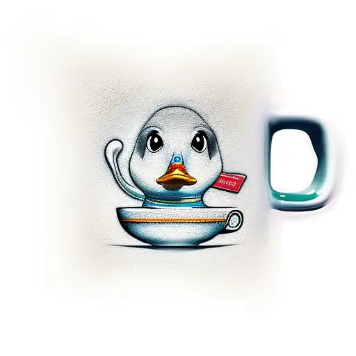 Rubber duck holding a coffee mug tattoo design idea