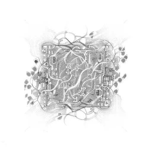 Abstract painting of circuit boards intertwined with vines and flowers tattoo design idea