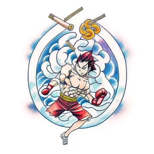 A traditional Japanese tattoo design combining elements of boxing and manga, with Gon and Meliodas as the central figures tattoo design idea