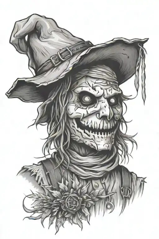 scarecrow on a farm landscape tattoo design idea