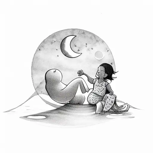 mother with baby and toddler and moon and flowers tattoo design idea