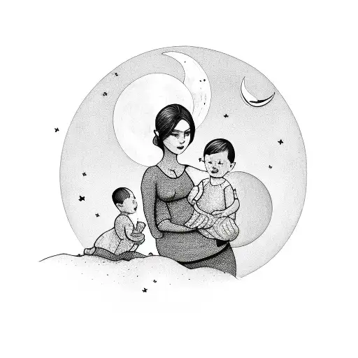 mother with baby and toddler and moon  tattoo design idea