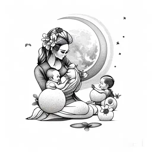 mother with baby and toddler and moon and flowers tattoo design idea