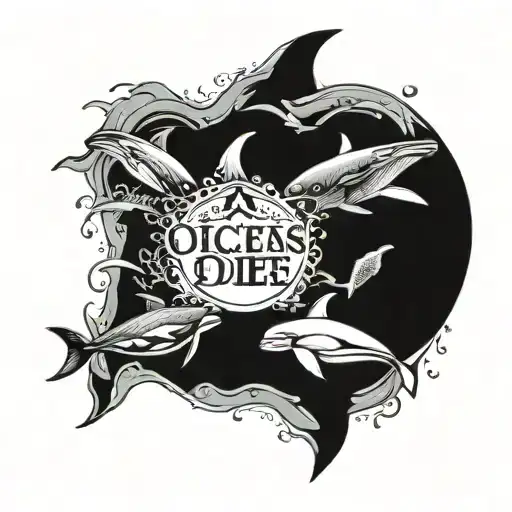 ocean themed with the text if the oceans dies, we die. with whales, seals, dolphines en turtles  tattoo design idea