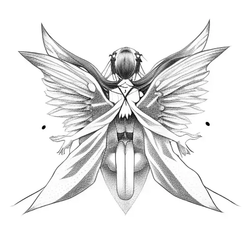 Anime girl with moth wings sitting on a crescent moon tattoo design idea