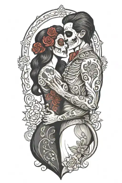 day of the dead. man and woman facing each other. woman  has long black hair, and cuddling into the man. no skeletons tattoo design idea