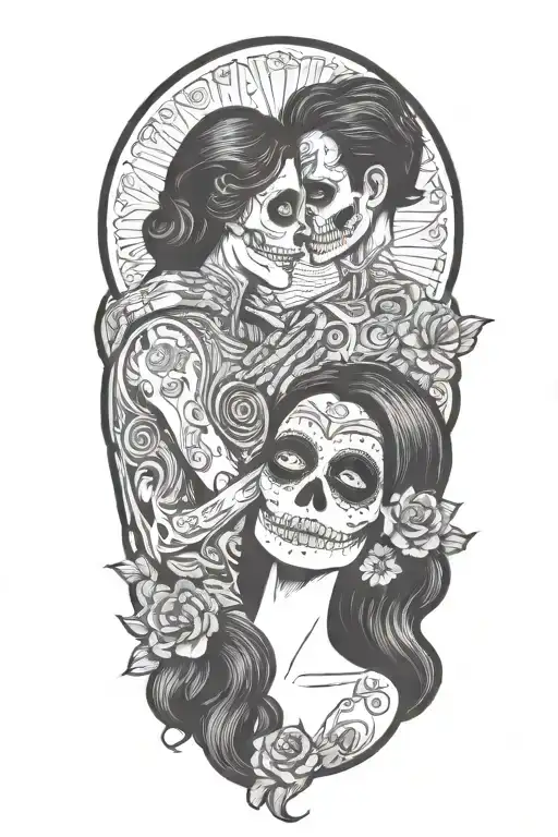 day of the dead. man and woman facing each other. woman has long black hair, and cuddling the man. smokey background tattoo design idea